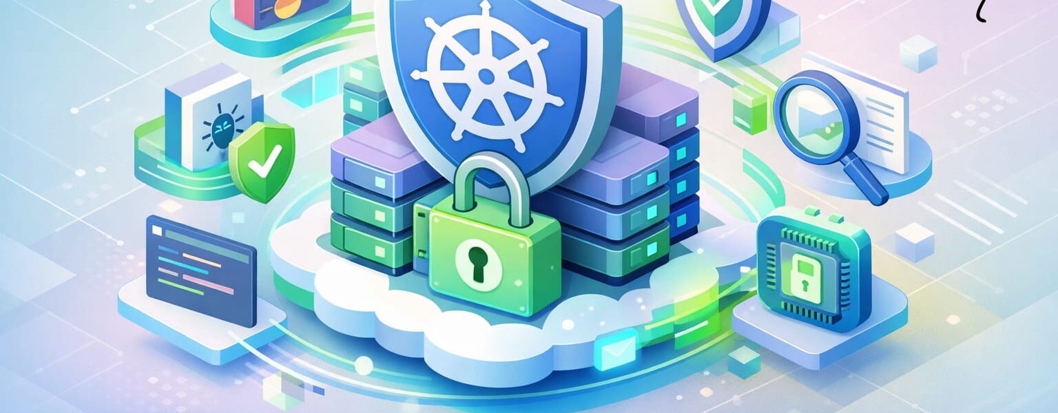 Illustration zur Kubernetes Sicherheit mit Cloud, Containern und Schutzmechanismen