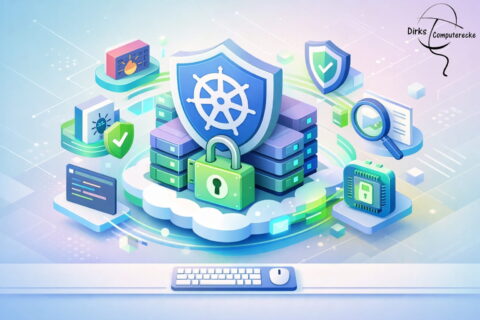 Illustration zur Kubernetes Sicherheit mit Cloud, Containern und Schutzmechanismen