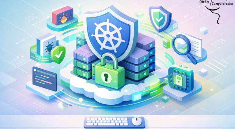 Illustration zur Kubernetes Sicherheit mit Cloud, Containern und Schutzmechanismen