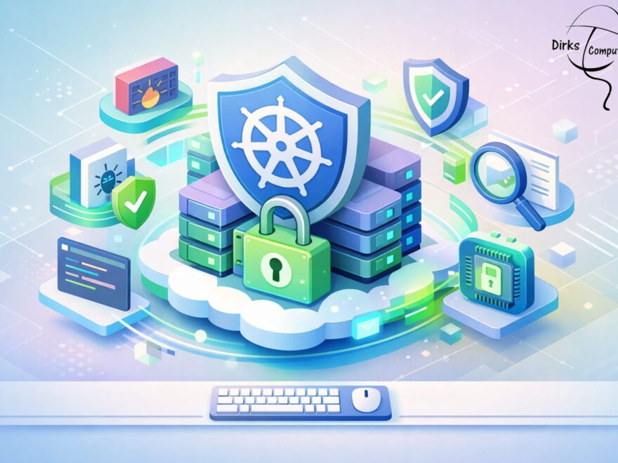 Illustration zur Kubernetes Sicherheit mit Cloud, Containern und Schutzmechanismen