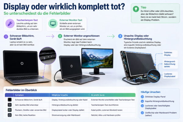 Laptop zeigt kein Bild – Display oder Hardwarefehler unterscheiden