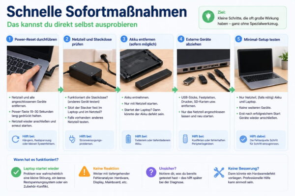Laptop startet nicht – Sofortmaßnahmen wie Power Reset und Geräte entfernen