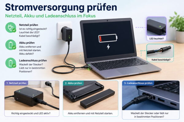 Laptop Stromversorgung prüfen – Netzteil, Akku und Ladeanschluss kontrollieren