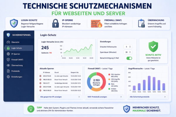Dashboard mit Login-Schutz, Firewall und IP-Sperren zum Schutz vor Brute-Force-Angriffen auf Webseiten und Server