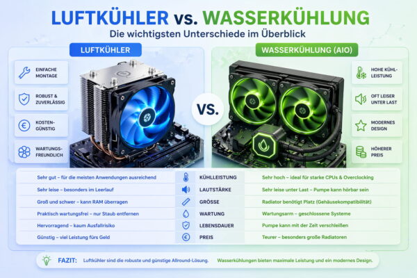 Luftkühler vs Wasserkühlung Vergleich CPU-Kühler Unterschiede
