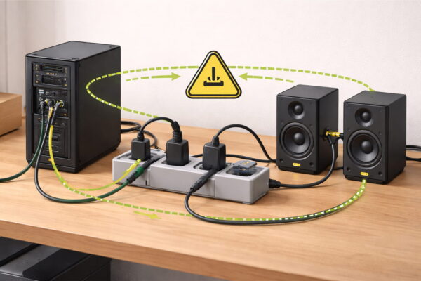 Darstellung einer Masseschleife zwischen PC und Lautsprechern über eine Steckdosenleiste als Ursache für Brummen