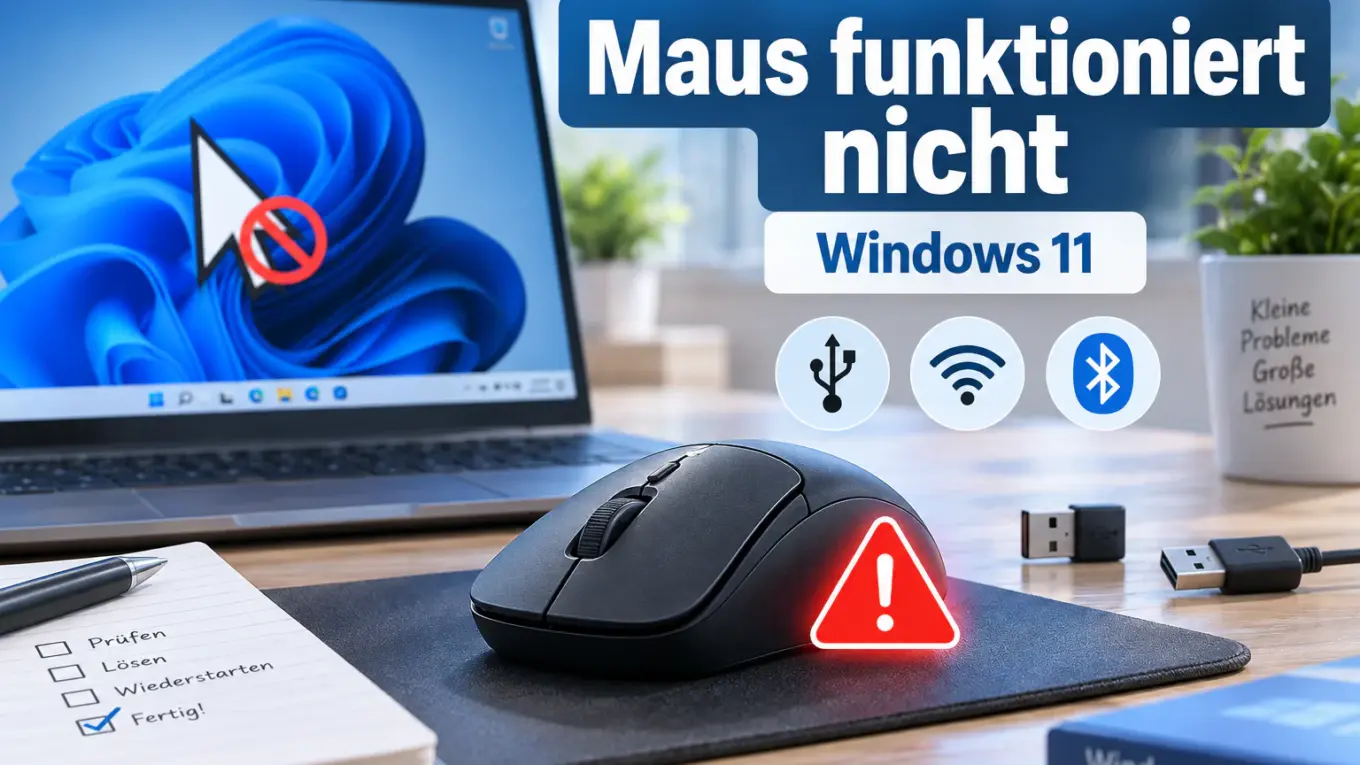 Maus funktioniert nicht unter Windows 11 – Computermaus mit Warnsymbol vor einem Laptop