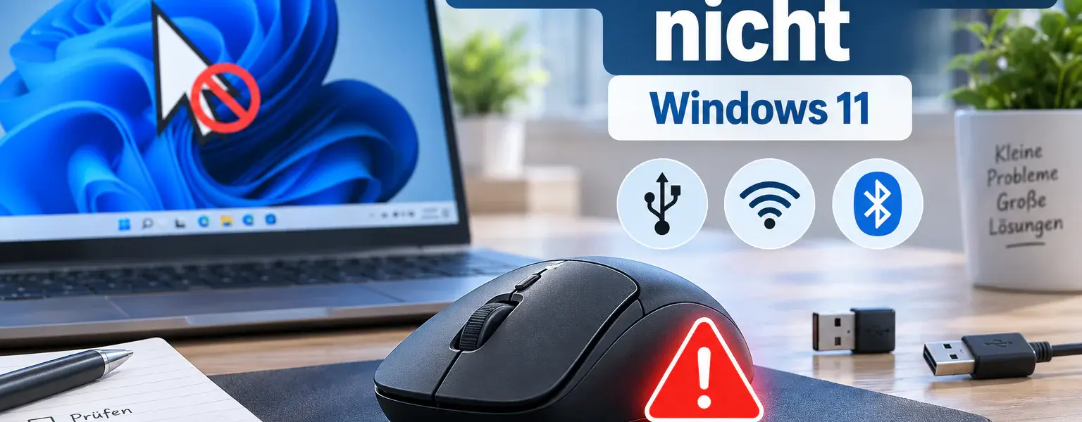 Maus funktioniert nicht unter Windows 11 – Computermaus mit Warnsymbol vor einem Laptop