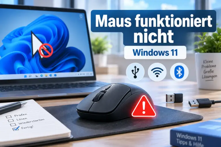 Maus funktioniert nicht unter Windows 11 – Computermaus mit Warnsymbol vor einem Laptop