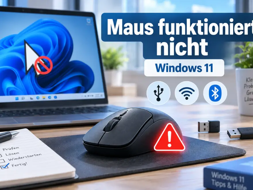 Maus funktioniert nicht unter Windows 11 – Computermaus mit Warnsymbol vor einem Laptop