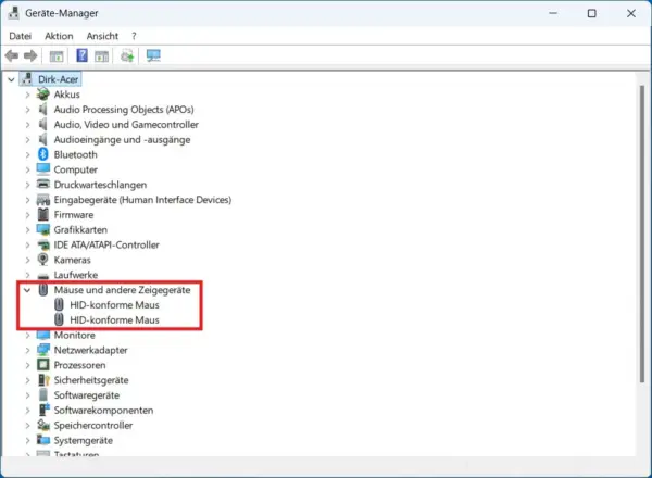 Maustreiber im Windows 11 Geräte-Manager unter Mäuse und andere Zeigegeräte finden