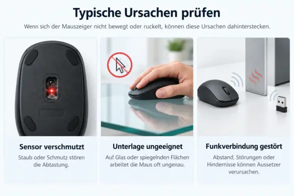 Drei Ursachen, warum der Mauszeiger ruckelt oder sich nicht bewegt: verschmutzter Sensor, ungeeignete Unterlage und gestörte Funkverbindung