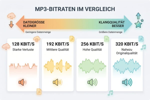 MP3 Bitrate Vergleich 128 bis 320 kbit pro Sekunde und Einfluss auf die Klangqualität