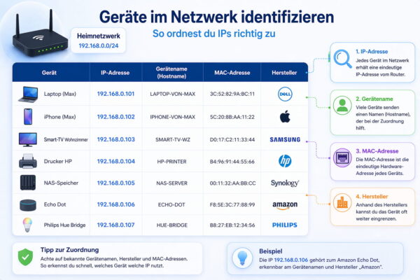 Geräte im Netzwerk anhand von IP-Adresse und Gerätename identifizieren