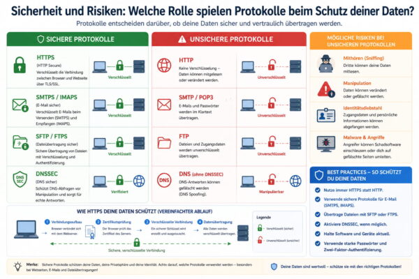Netzwerk-Protokolle und Sicherheit – sichere vs unsichere Verbindungen einfach erklärt Sichere und unsichere Netzwerk-Protokolle im Vergleich mit Fokus auf Datenschutz und Verschlüsselung