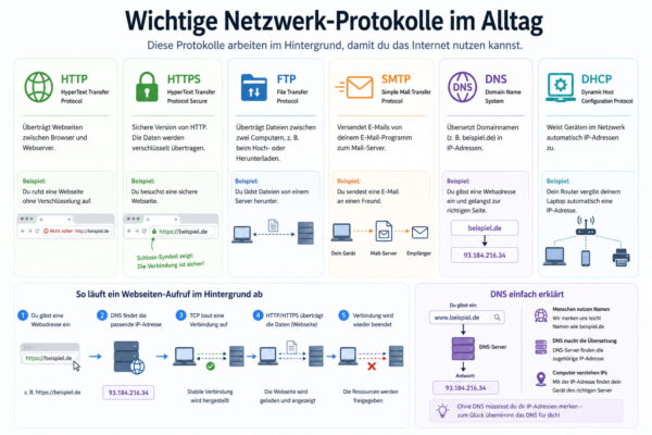 Wichtige Netzwerk-Protokolle im Alltag – HTTP, HTTPS, FTP und DNS verständlich erklärt Übersicht wichtiger Netzwerk-Protokolle wie HTTP, HTTPS, FTP und DNS im Alltag einfach erklärt