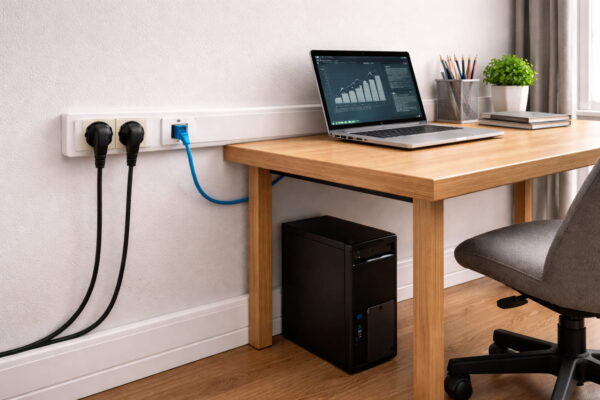 Netzwerkkabel verlängern sauber im Kabelkanal mit Netzwerkdose am Schreibtisch