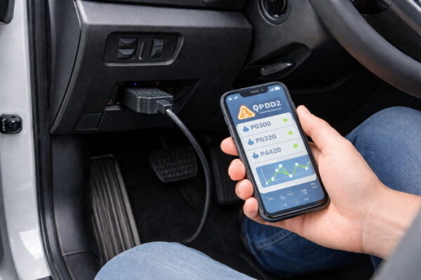 OBD2 Fehlercodes auslesen mit Smartphone App und angeschlossenem Diagnosegerät im Auto
