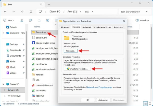 Ordner in Windows für das Netzwerk freigeben über die Freigabeeinstellungen