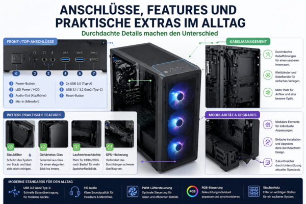 PC-Gehäuse Anschlüsse und Features mit USB, Audio-Ports und Kabelmanagement im Überblick