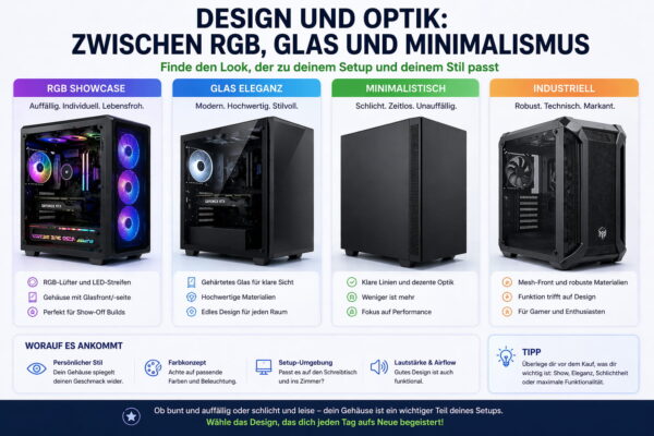 Vergleich verschiedener PC-Gehäuse Designs mit RGB, Glas und minimalistischem Look