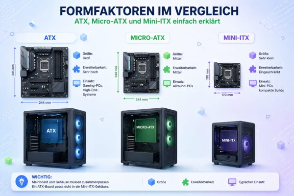 Vergleich von PC-Gehäuse Formfaktoren ATX, Micro-ATX und Mini-ITX mit Größen und Einsatzbereichen