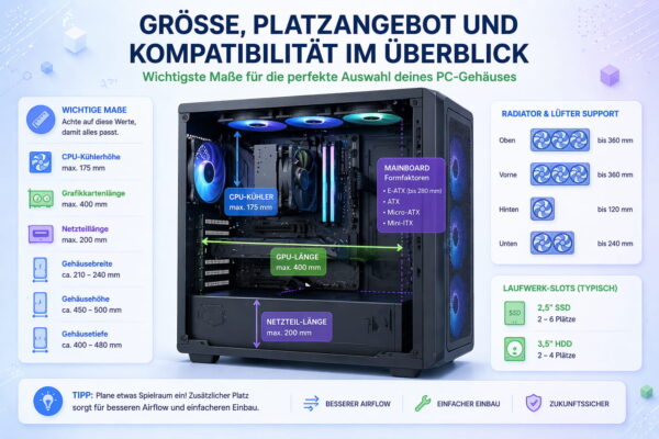 PC-Gehäuse mit Übersicht zu Größe, Platzangebot und Kompatibilität für Grafikkarte, CPU-Kühler und Netzteil