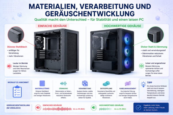Vergleich von PC-Gehäuse Materialien mit Einfluss auf Verarbeitung, Stabilität und Geräuschentwicklung