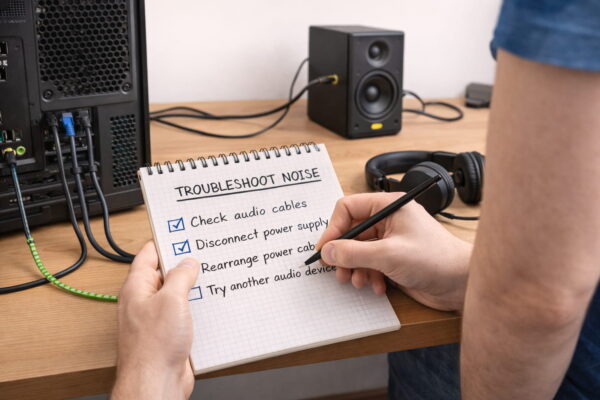 Systematische Fehlersuche bei brummenden PC Lautsprechern durch schrittweises Prüfen von Kabeln und Geräten