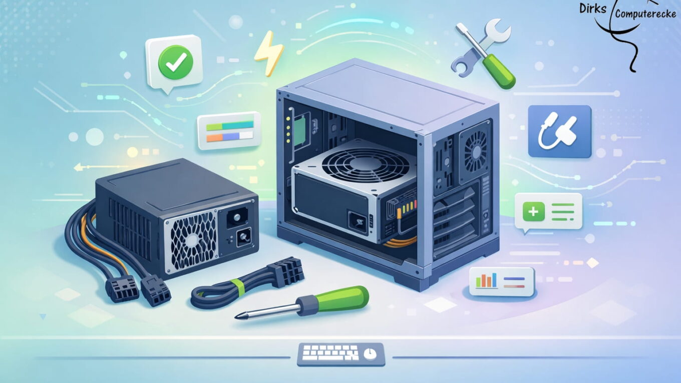 PC-Netzteil einbauen im Gehäuse – schematische Darstellung mit Kabeln und Anschlüssen