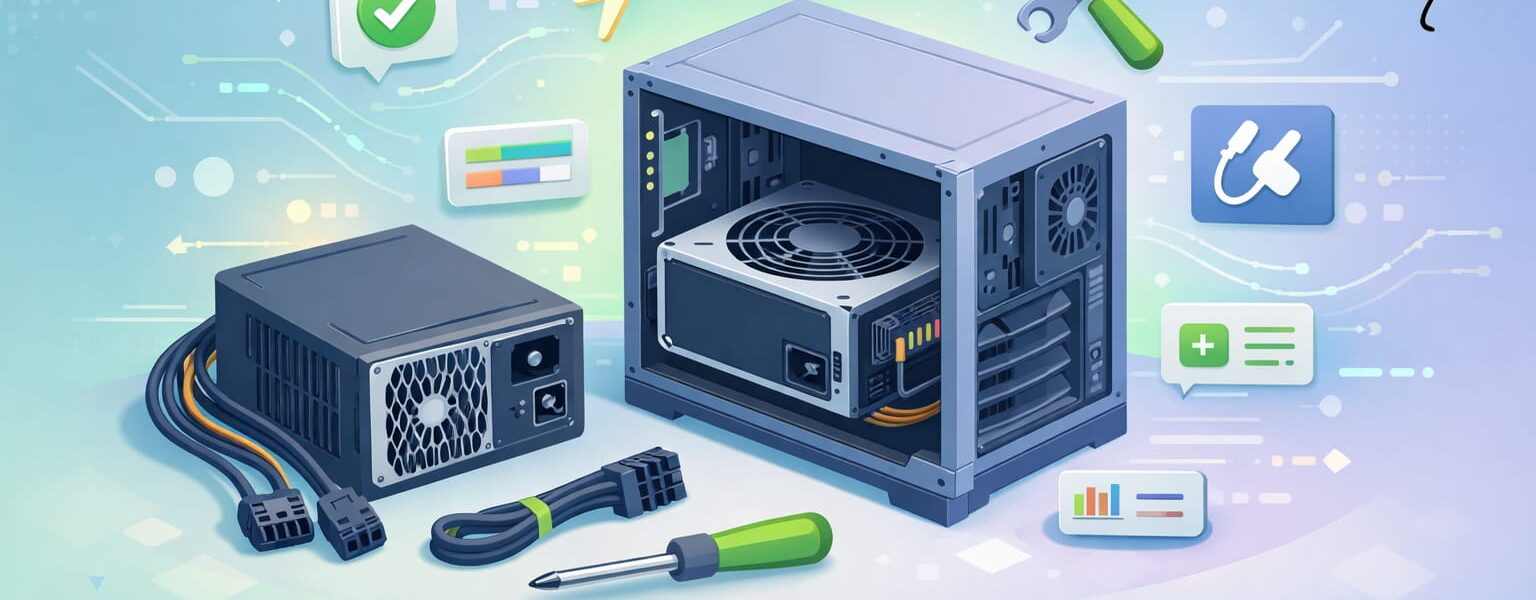 PC-Netzteil einbauen im Gehäuse – schematische Darstellung mit Kabeln und Anschlüssen