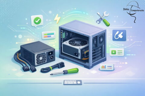 PC-Netzteil einbauen im Gehäuse – schematische Darstellung mit Kabeln und Anschlüssen