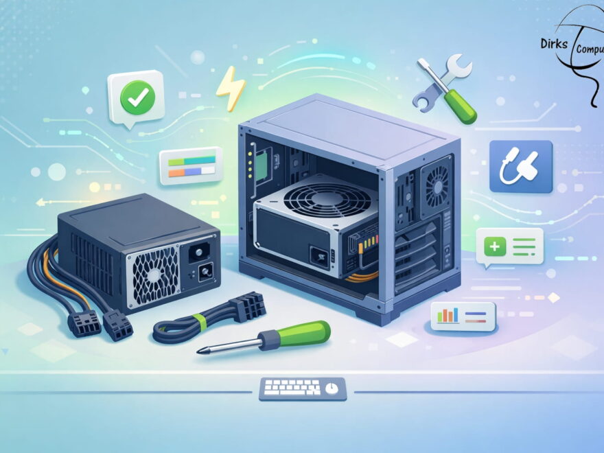 PC-Netzteil einbauen im Gehäuse – schematische Darstellung mit Kabeln und Anschlüssen