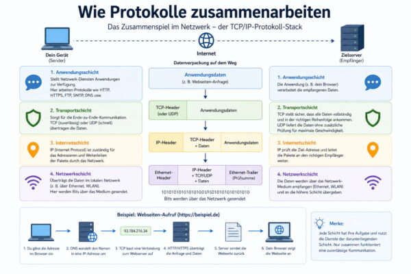 TCP/IP Schichtenmodell einfach erklärt – so arbeiten Netzwerk-Protokolle zusammen Darstellung des Zusammenspiels von Netzwerk-Protokollen im TCP/IP-Modell mit mehreren Schichten
