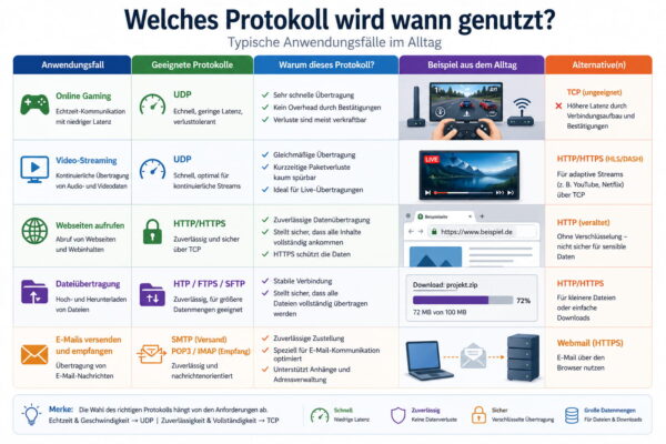 Welche Netzwerk-Protokolle wann genutzt werden – typische Anwendungsfälle einfach erklärt Typische Anwendungsfälle für Netzwerk-Protokolle wie TCP, UDP, HTTP und FTP im Alltag übersichtlich dargestellt
