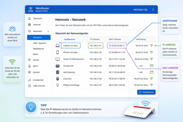 Router zeigt Übersicht aller Geräte im Heimnetzwerk mit IP-Adressen