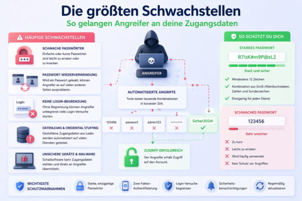 Typische Schwachstellen bei Passwörtern wie Wiederverwendung, einfache Kombinationen und fehlende Login-Schutzmaßnahmen