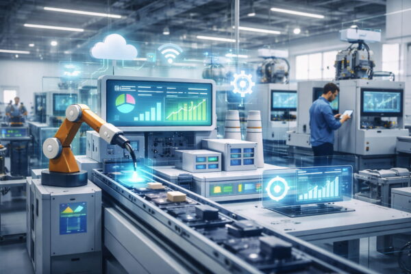 Digitalisierung in der Industrie in einer modernen Smart Factory Digitalisierung in der Industrie mit vernetzter Smart Factory, Maschinen und Datenanalyse in moderner Produktion