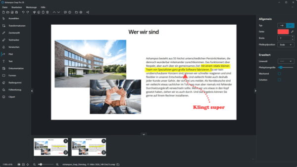 Ashampoo Snap Pro 26 Live Edit Screenshot direkt bearbeiten und markieren Ashampoo Snap Pro 26 Live Edit Funktion mit Markierungen und Hervorhebungen im Editor