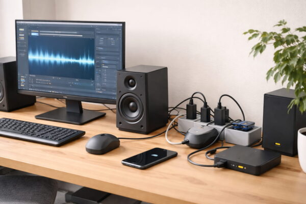 Typische Störquellen am PC-Arbeitsplatz wie Router, Kabel und Netzteile können ein Brummen bei Lautsprechern verursachen