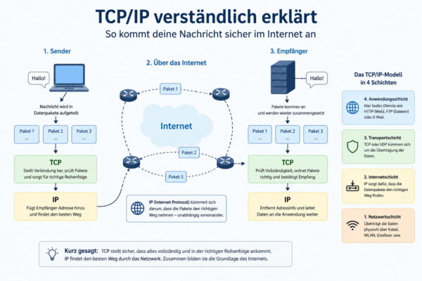 TCP/IP Modell einfach erklärt – so funktioniert die Datenübertragung im Internet Grafik zeigt TCP/IP einfach erklärt mit Datenpaketen, Internet und Empfänger im Netzwerk