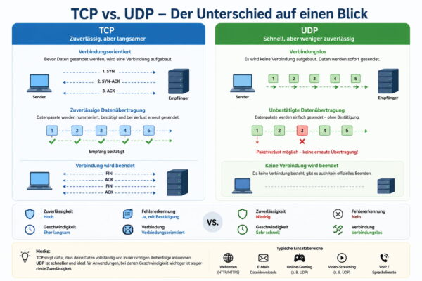 TCP vs UDP einfach erklärt – Unterschiede bei Geschwindigkeit und Zuverlässigkeit Vergleich von TCP und UDP als Netzwerk-Protokolle mit Unterschieden bei Geschwindigkeit und Zuverlässigkeit