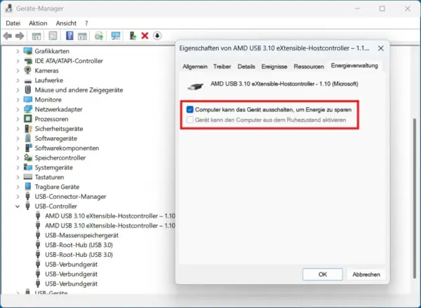 USB-Energiespareinstellungen im Windows 11 Geräte-Manager überprüfen, wenn die Maus nach dem Standby nicht funktioniert