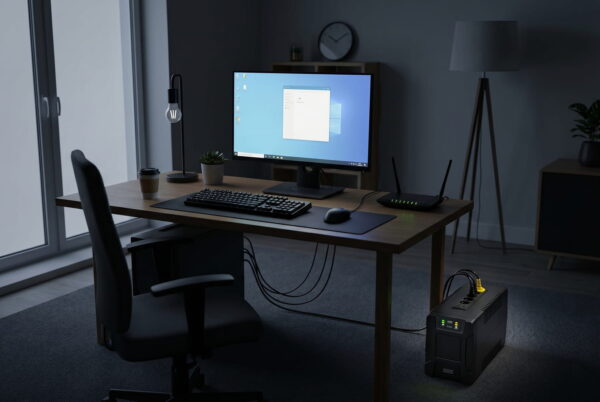 USV hält PC und Router bei Stromausfall weiter in Betrieb während der Raum dunkel ist