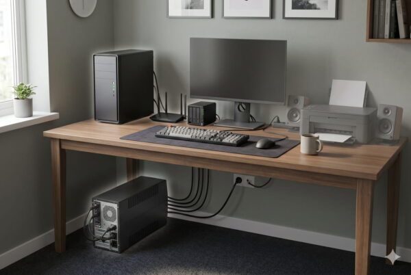 USV schützt wichtige Geräte wie PC, Monitor, Router und NAS – Drucker nicht angeschlossen