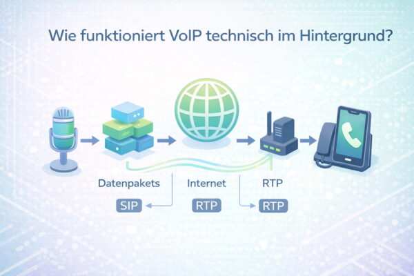Schema zur VoIP Funktion: Sprachdaten werden als Datenpakete über das Internet übertragen und beim Empfänger wieder zusammengesetzt
