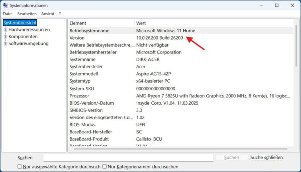 Windows-Version in Systeminformationen anzeigen – msinfo32 Übersicht mit Version und Systemtyp