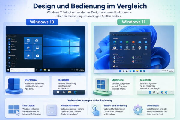 Windows 10 vs Windows 11 Design Vergleich mit Startmenü und Taskleiste im direkten Vergleich