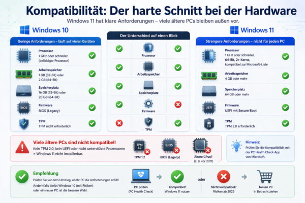 Windows 11 Hardware Anforderungen im Vergleich zu Windows 10 mit TPM 2.0, CPU und UEFI Übersicht