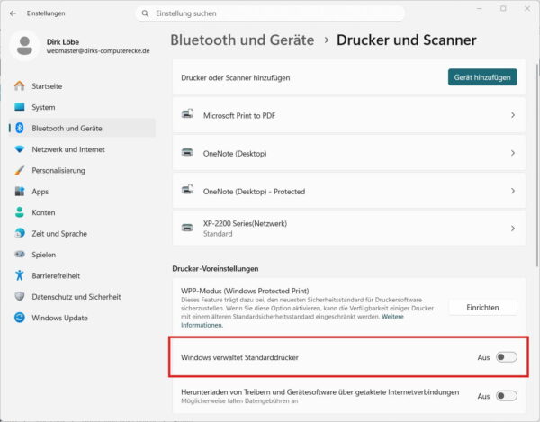Automatische Standarddrucker-Verwaltung in Windows deaktivieren Windows verwaltet Standarddrucker deaktivieren in den Drucker Einstellungen unter Windows 11